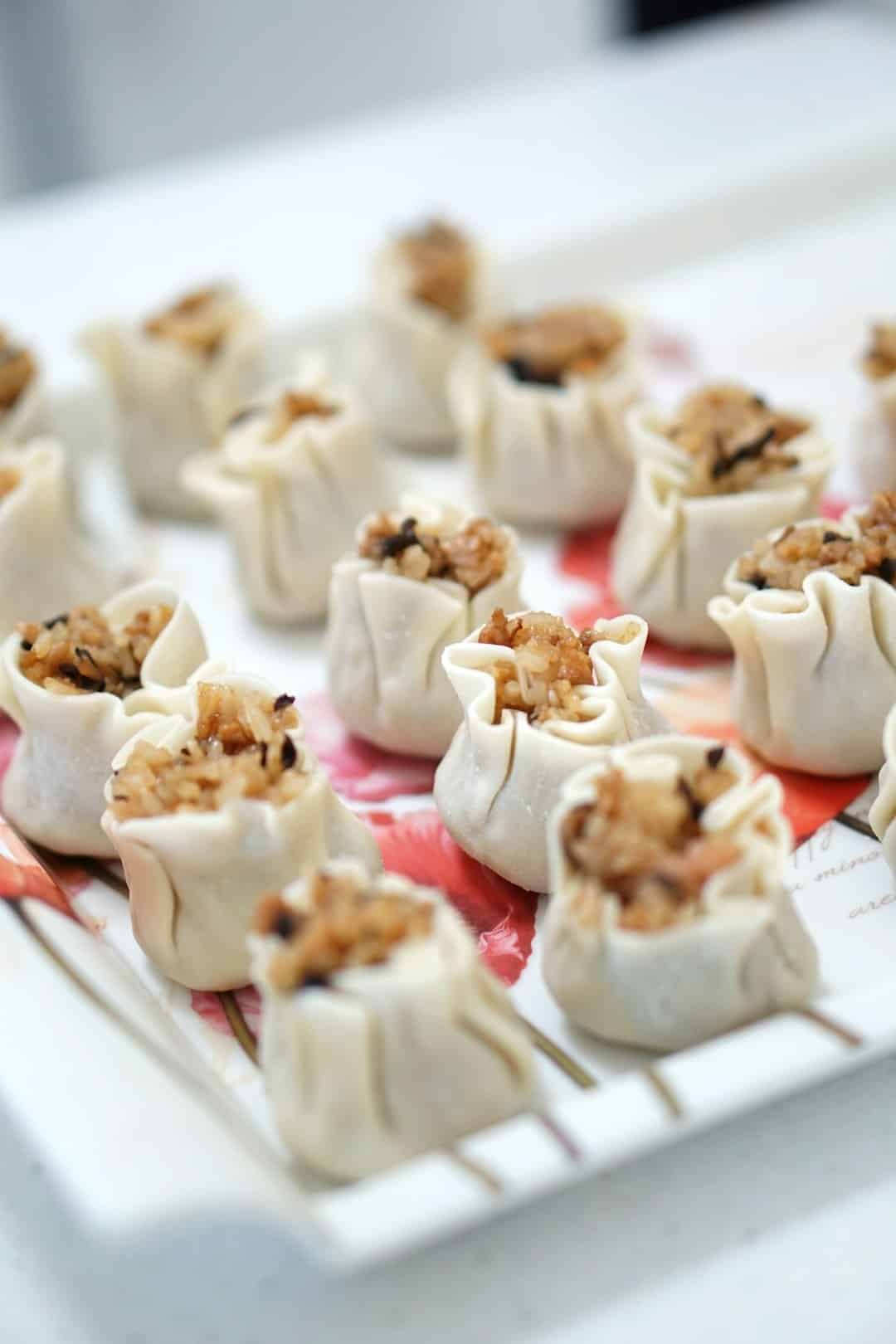 Uncooked dumplings with meat and rice filling on a floral tray.